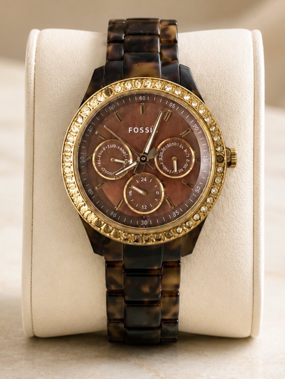 Fossil Tortoiseshell Crystal Bezel Multifunction Watch